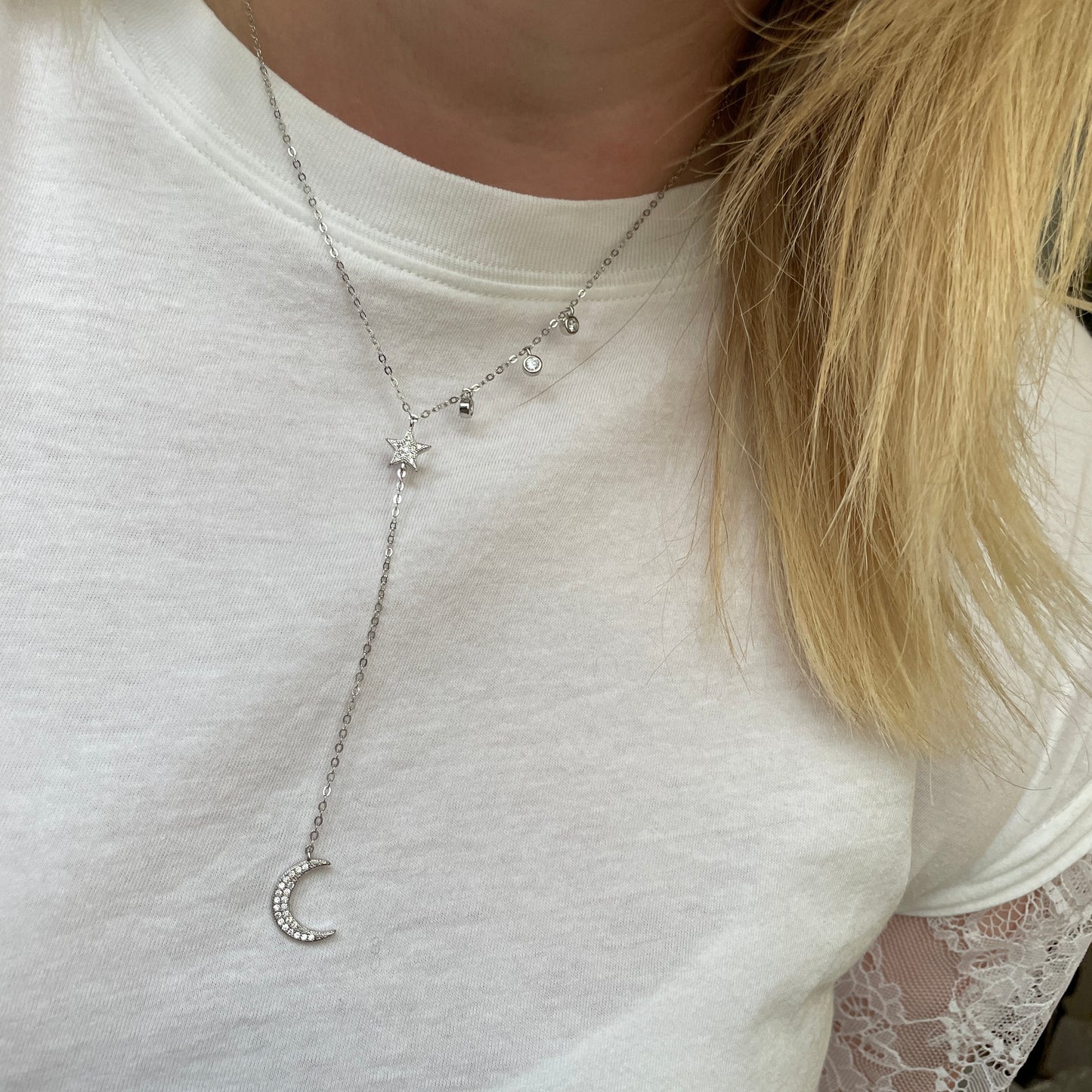 Crescent Moon Silver Necklace | Lariat Style