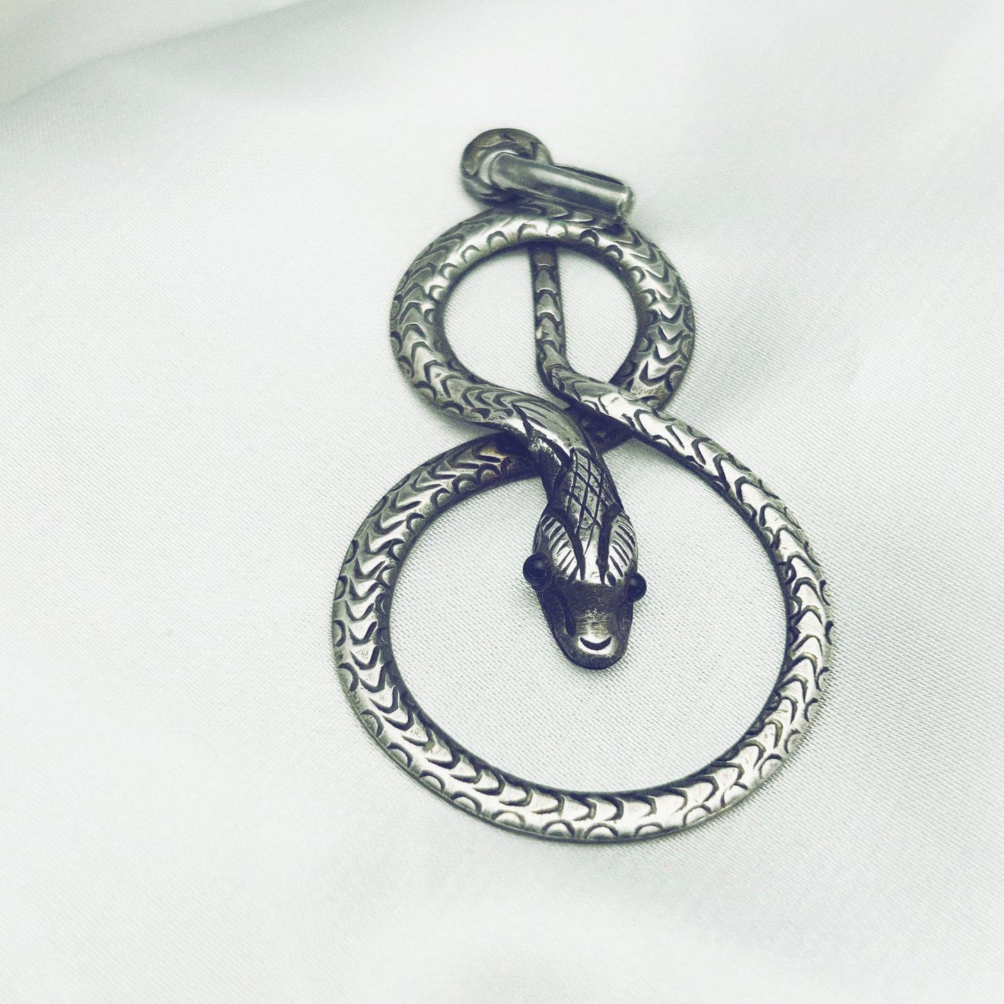 Vintage Serpent Snake with Onyx Eyes Sterling Silver Pendant